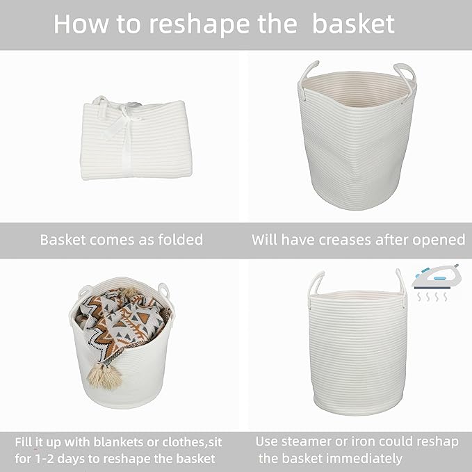 XUANGUO White Cotton Rope Laundry Basket Hamper for Clothes Large | Baby Nursery Hamper Bin and Woven Storage Basket for Living Room Bedroom Boho Tall Rope Baskets Blankets Toys Pillow Towels