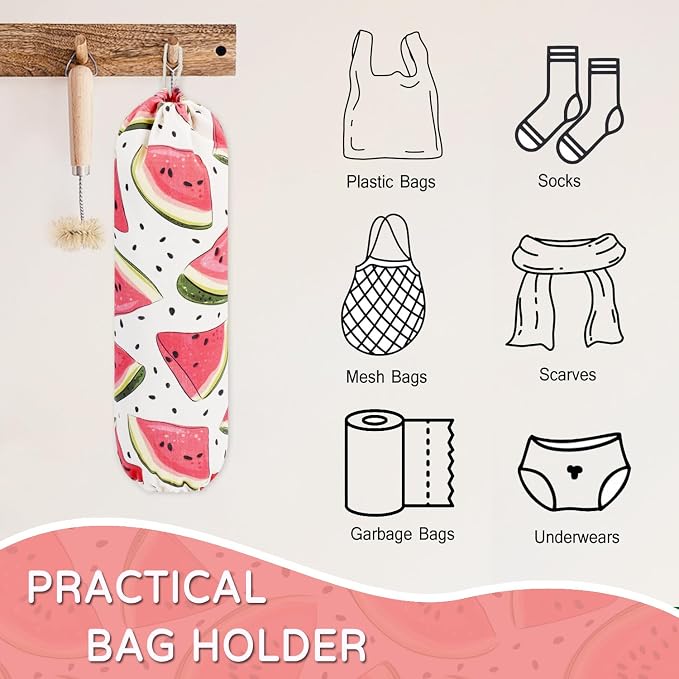Plastic Bag Holder, Reusable Grocery Bag Holder for Plastic Bags Groceries Store, Flower Canvas Trash Plastic Bag Organizer Storage Holders for Home Kitchen Pantry Decor (Cute Watermelon)