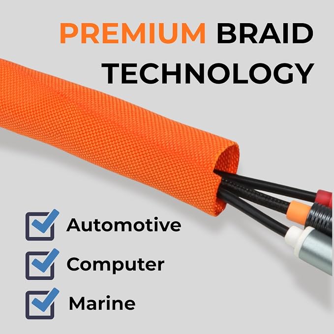 1/8 inch Split Braided Cable Management Sleeve for USB Cable Power Cord Audio Video Cable, Wire Loom Cord Protector from Cat Dog Chewing (Orange, 25FT)
