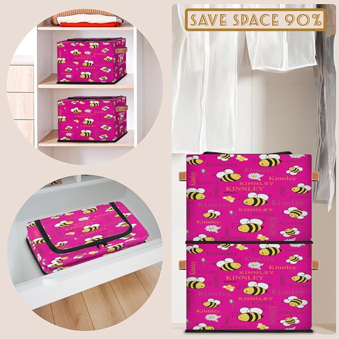Custom Black Storage Baskets Named with Zipper Lid, Personalized Deep Pink Storage Bins Basket Boxes for Clothes Bedroom Closet Organizing Toys Books Shelves, Bee with Daisy Floral