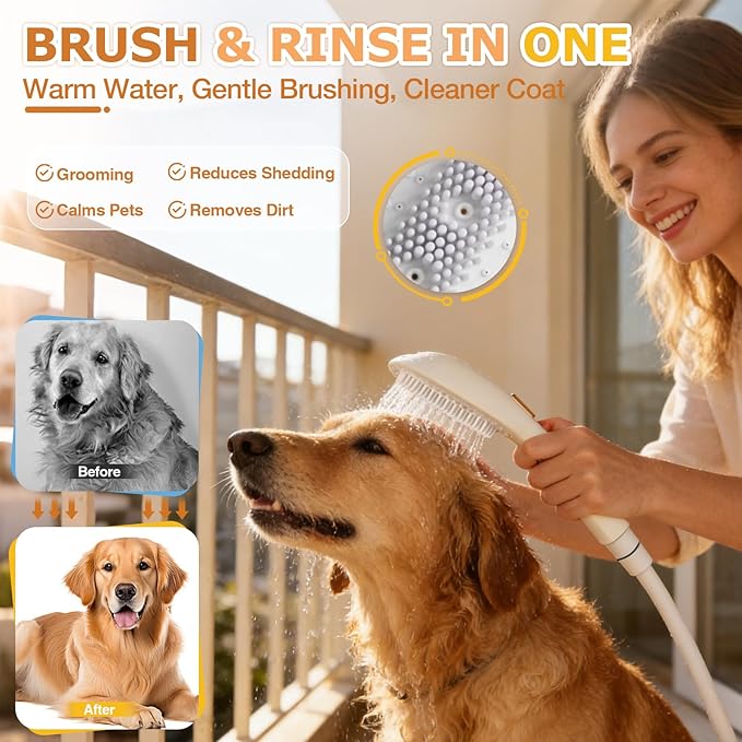 Jamini Dog Shower Attachment, Handheld High-Pressure Sprayer with Brush for Fast and Easy Indoor/Outdoor Dog Bathing, 4 Modes, 8.2ft Hose, G1/2" Brass Shower Diverter