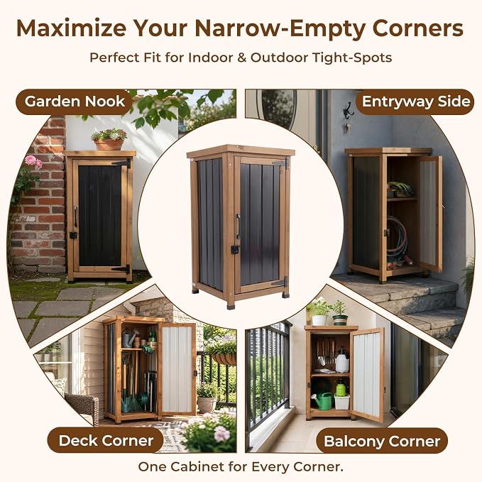 Outdoor Storage Cabinet Waterproof with Metal Top, Wooden Potting Bench Table Tool Organizer with Adjustable Shelf for Patio Backyard Garden