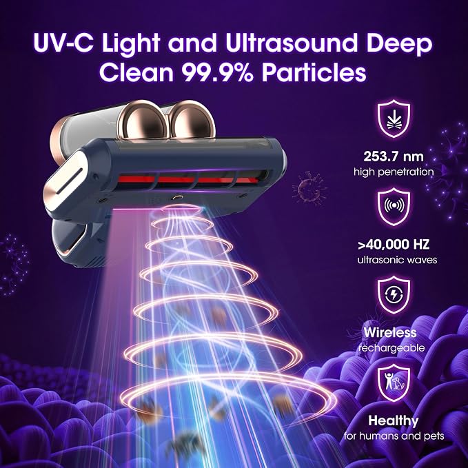 Bed Mattress Vacuum Cleaner Cordless 16Kpa Handheld Vacuum, Vacuum Cleaner with 253.7nm UV-C Light,HEPA Filter & Ultrasonic, Portable Vacuums for Sofa Couch Crib Birthday Gifts for women blue+gold | HEPA Filter & Ultrasonic, Portable Vacuums for Sofa C...