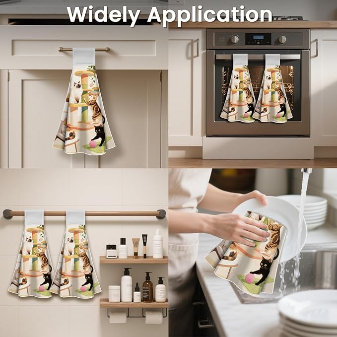 CUTHOLLOW Cat Play and Flowers Hanging Kitchen Towels with Loop, Set of 2 - Soft & Super Absorbent Microfiber Decorative Hanging Dish & Hand Towel, Tea, Coffee Towel for Kitchen Bathroom Oven Handle