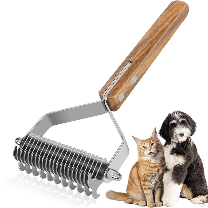 Undercoat Rake for Dogs, Dematting Comb for Dogs and Cats with Wood Handle, Deshedding Dog Brush for Remove Mats, Long-Haired Pets Grooming Rake, L