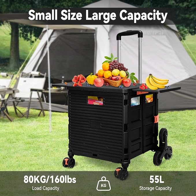 Foldable Utility Cart Portable Crate Rolling Dolly with Telescopic Handle,Can be Pulled diagonally, Magnetic Retractable Lid, 360°Swivel Climbing Wheels for Shopping Carrying Groceries Move Black