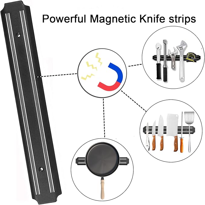 Magnetic Knife Holder (15 Inch - Set Of 2) Magnetic Knife Strips For Wall -Strong Powerful Knife Rack Storage Display Organizer-Securely Hang Knives On a Multipurpose Kitchen Bar