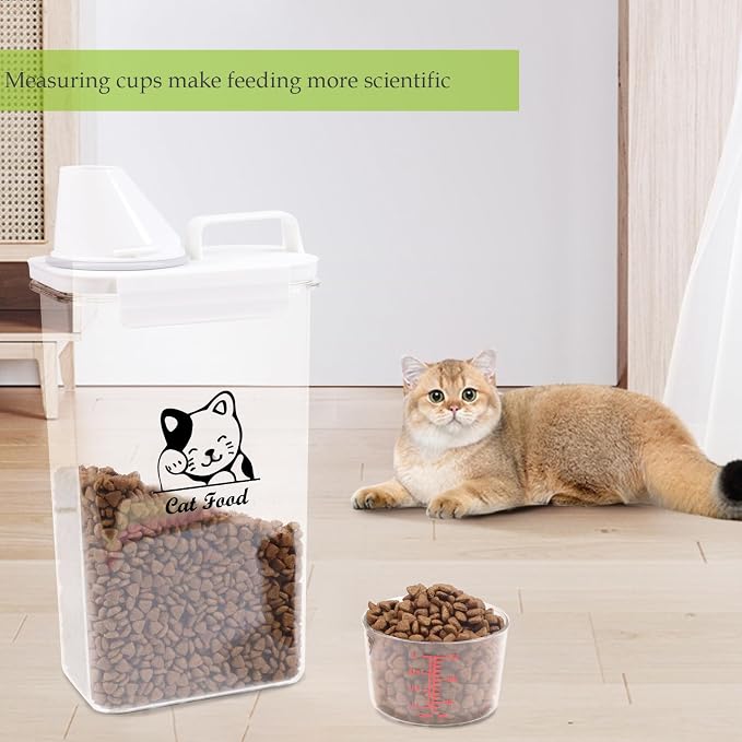 Cat Food Storage Container Small |3lb/2.5 L Clear Plastic Cat Food Treats Container Airtight with Measuring Cup|Portable Pet Food Containers Ideal for Travel| Easy Pour|BPA Free