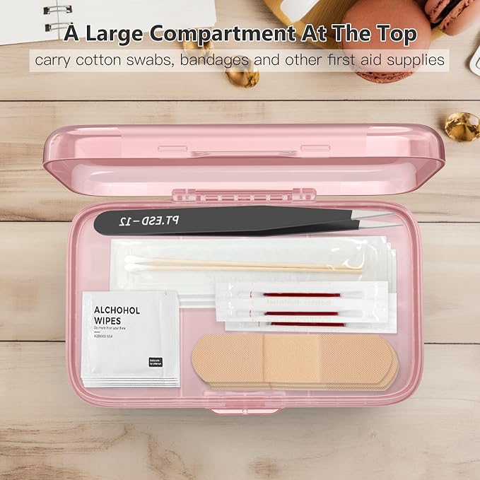 FYY Travel Pill Organizer, Large Weekly Medicine Pill Organizer-Pink | Airtight Moistureproof Medicine Case, Easy to Use, 8 Compartment Pill Box for Vitamins, Fish Oil, Supplements, Mini First Aid