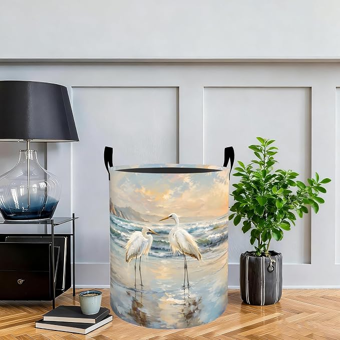 Elegant Great Egret Laundry Basket Hamper, Organizer Bins Gifts for Women Kids, Coastal Bird Foldable Waterproof Clothes Hamper Handles Storage Bucket for Bedroom Bathroom Room Decor 19.7"x15.7"