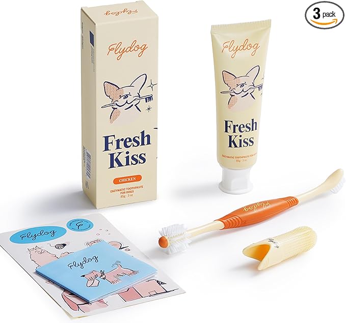 Flydog Fresh Kiss Dog Tooth Brushing Kit, Enzymatic Dog Toothbrush and Toothpaste- Vet Approved Formula, Breath Freshener & Tartar Remover, 360° Toothbrush & Finger Brush (Chicken)