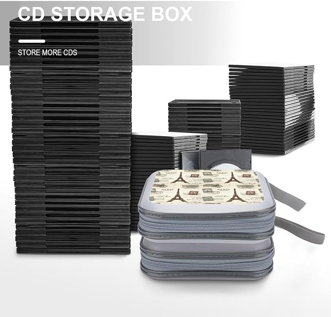 Portable Protective CD Holder Eiffel Tower, 40-Disc Hard Case with Zipper, Storage Binder for Music Movies Game Collections