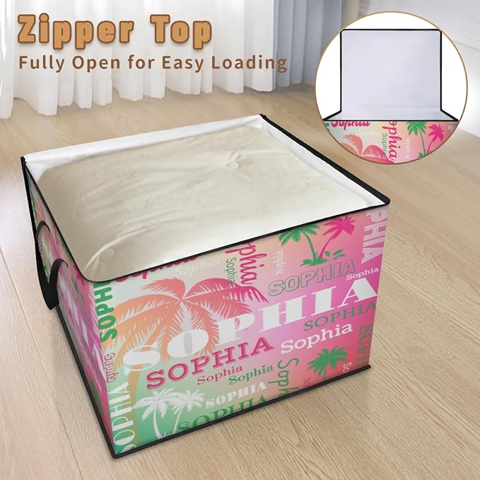 Custom Name Large Storage Bin with Lid, Personalized Storage Basket with Zippers Comforters, Blankets, Bedding Closet Shelf Baskets, Green Pink Tropical Palm Trees Gradient Pink Green Background