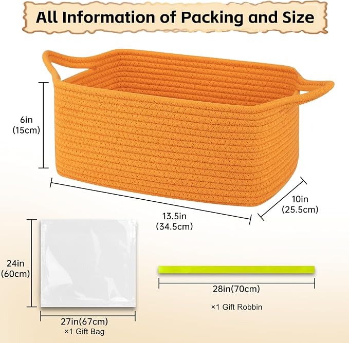 OIAHOMY Woven Basket, Gift Basket Empty with Gift Bags and Ribbons, Rope Baskets for Baby Showers, Storage Baskets with Handles for Nursery, Pet Toy Organizer - Orange