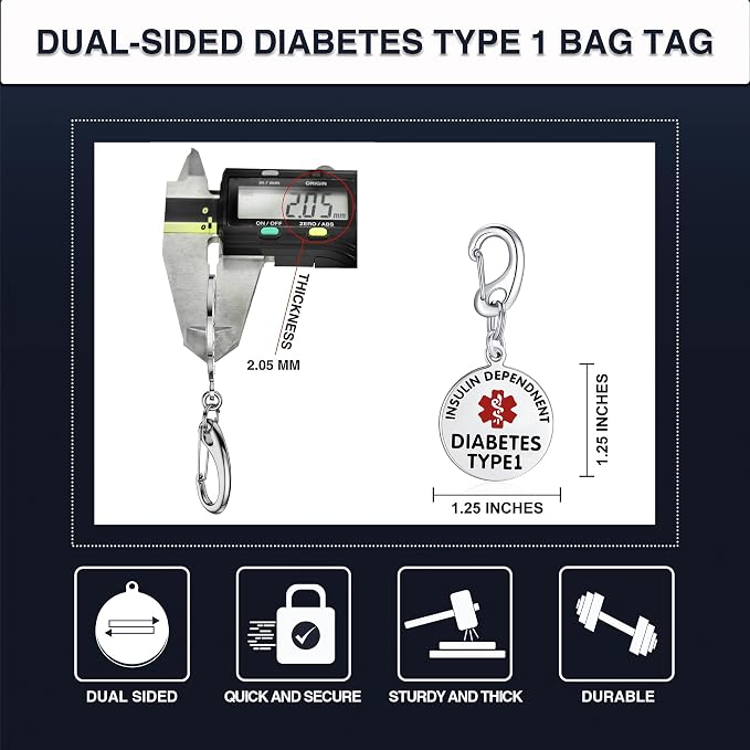 Divoti Type 1 Diabetes (T1D) Medical Alert Bag Tag with Zipper Pull | 1.25" Insulin Dependent Emergency ID | PVD RG Stainless Steel, Dual-Sided Pre-Engraved for Backpacks, Purses & Medical Bags