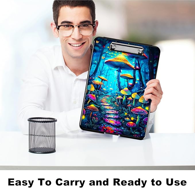 Blue Forest Mushroom A4 Clipboard with Storage Pen Holder, Clipboards Organizer Nursing Clipboard Foldable File Folder Plastic Clipboard Folio Clip Board for Office Students Classroom