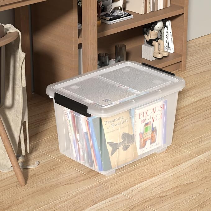50 L Plastic Lidded Storage Bin, 4 Pack Clear Latching Storage Box | with 4 Bottom Wheels and 2 Buckle Latches, Stable Stacking