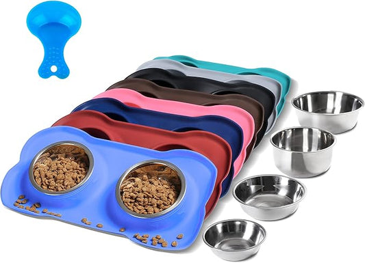 Hubulk Pet Dog Bowls 2 Stainless Steel Dog Bowl with No Spill Non-Skid Silicone Mat + Pet Food Scoop Water and Food Feeder Bowls for Feeding Small Medium Large Dogs Cats Puppies (Large, Blue)