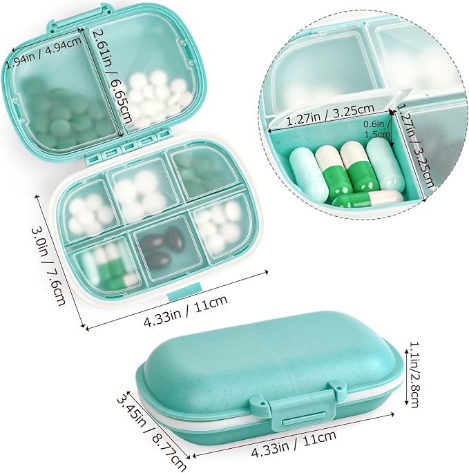 1Pack Travel Pill Organizer & 56 Medicine Name Stickers, Blue | [8 Compartments Portable Pill Case] [Small Pill Box for Pocket Purse Portable Medicine Vitamin Container]