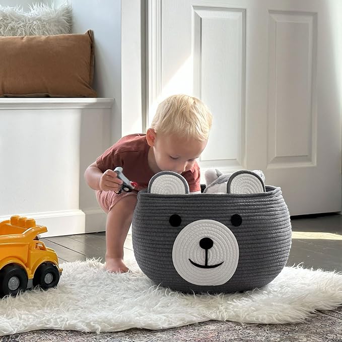 CherryNow Large Baby Basket for Gifts Empty, Cute Bear Design, Grey | 15.7" x 10.5" Baby Shower Basket With Handles, Cotton Rope Basket for Toys Diaper Caddys Storage, Fits Living Room Nursery