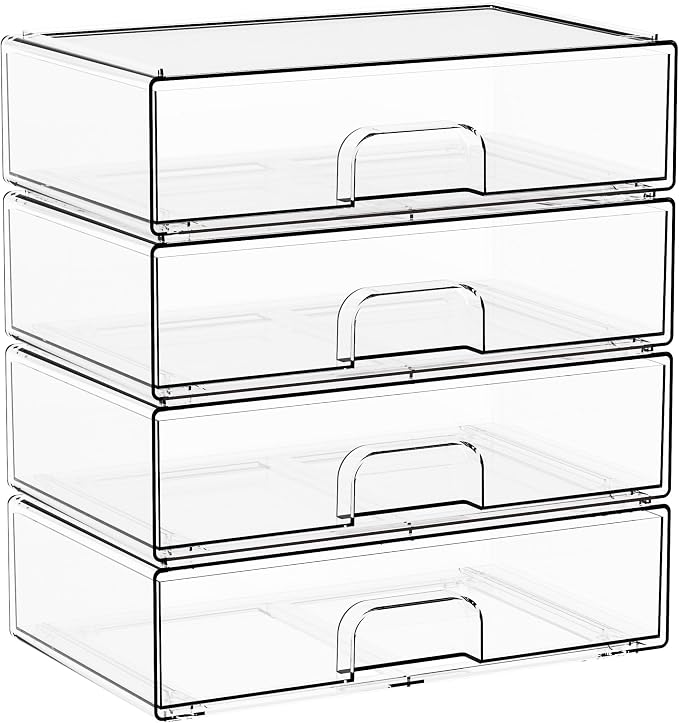 Yieach 12.2''W Clear Stackable Storage Drawers,4 Pack Acrylic Drawers,Bathroom Organizer Bin and Plastic Makeup Organizer,Clear Stacking Brightroom Storage Boxes for Vanity,Cabinet,Pantry Organization