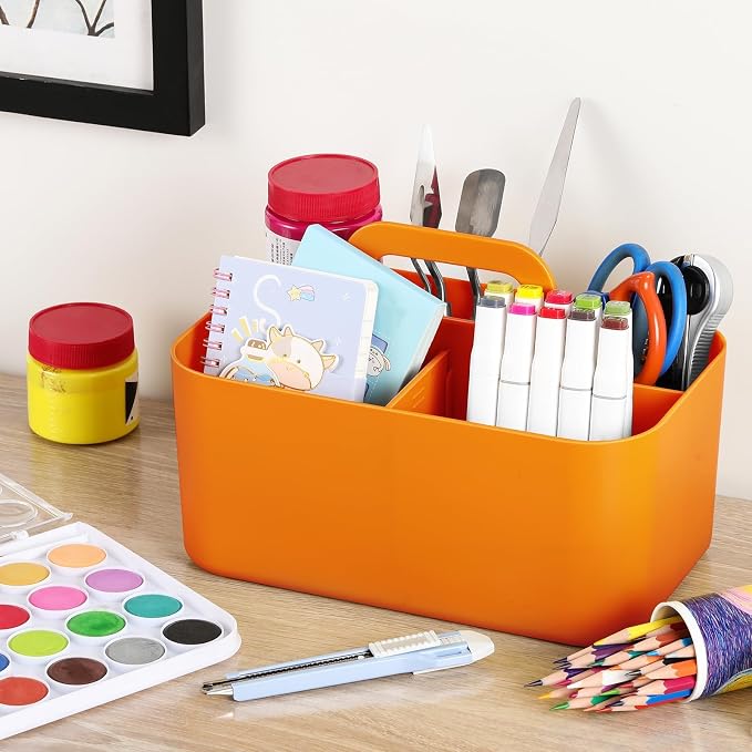 Multiuse Caddy Organizer with Handle, Portable Divided Plastic Tote Bin - Art Craft, Stationary Pen Marker Crayon, Makeup Hair Supplies Storage - Bathroom, Classroom, Dorm, Office, Desk Holder -Orange