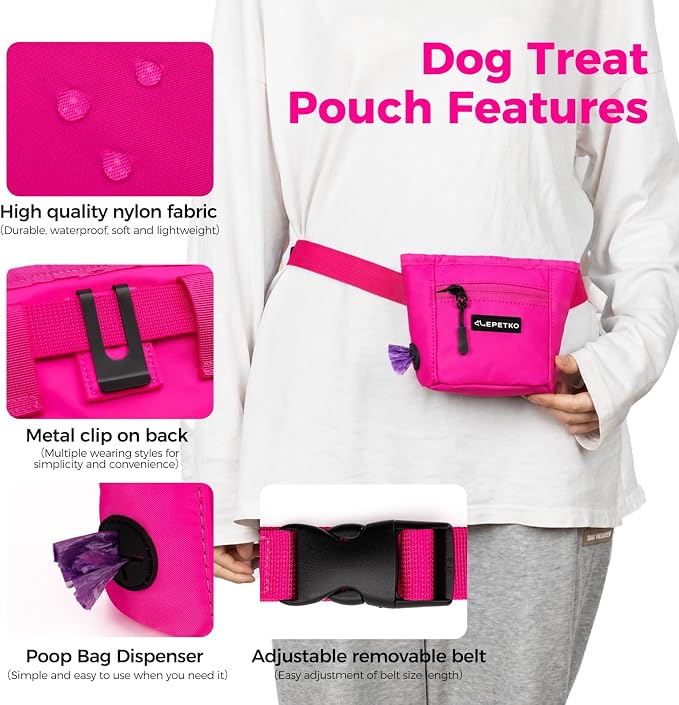 Dog Treat Pouch, Powerful Magnet Closure Device Dog Training Treat Bag Large Capacity Pet Treat Pouch with Poop Bag Dispenser Treat Bag for Dog Training with Metal Waistband Clip (Pink)