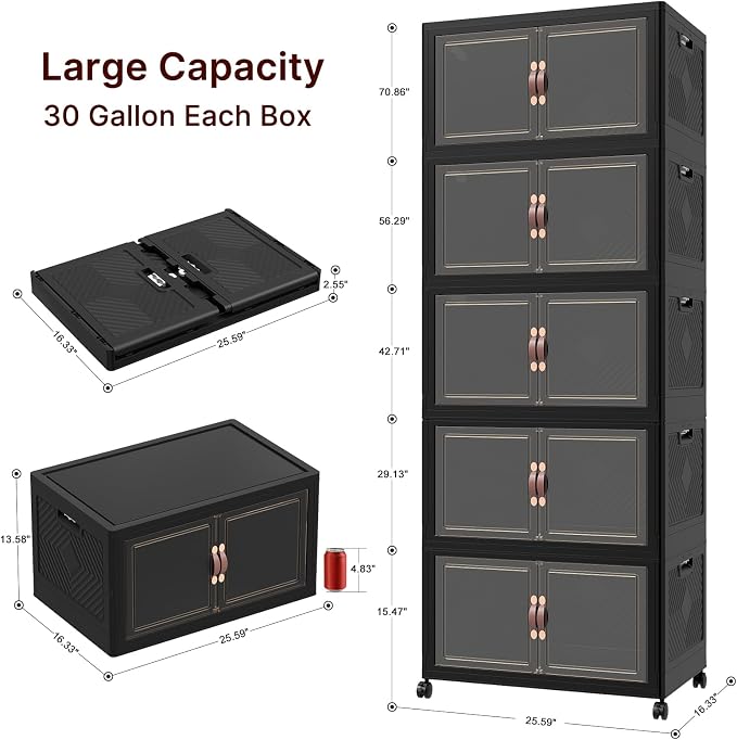 Stackable Storage Bins with Lids, 600QT Lockable Storage Cabinet | Folding Storage Box with Doors and Wheels, Collapsible Plastic Drawers for Home, Garage, Office