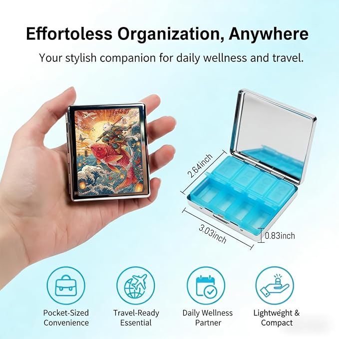 Weekly Pill Organizer, Metal Pill Box with 8 Compartments, Small Travel Pill Case for Purse Pocket, Medicine Vitamin Supplement Organizer (Cat Rider)