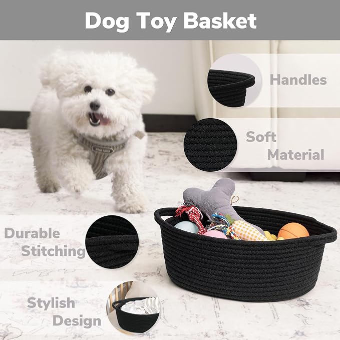Goodpick Small Woven Rope Gift Basket Empty, 12" x 8" x 5", Black | Durable Boo Basket for Baby Showers Toys Storage, Fits Living Room Bathroom Organization, with Durable Handles