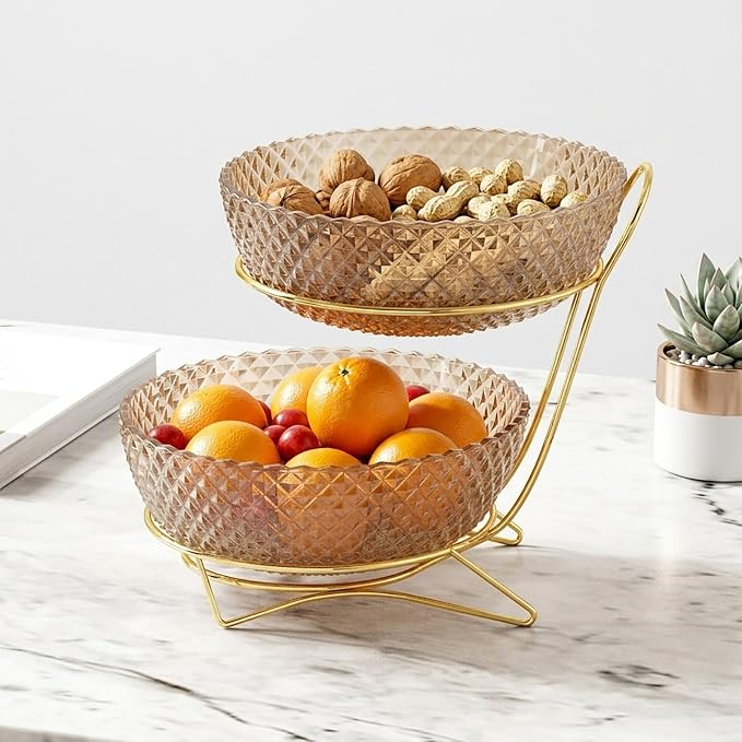 2 Tier Metal Fruit Basket Stand with Clear PET Bowl Trays, Ready to Use Countertop Vegetable Bread Storage Display Organizer Holder for Kitchen