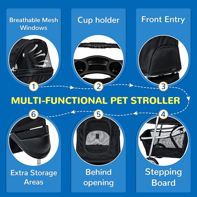 BLKMTY 3 Wheels Dog Stroller, Foldable Stroller for Cat, Dogs Waterproof Travel Carrier Strolling Cart for Puppy Small Dog Jogger Strollers W/Cup Holder & Storage Basket, Black