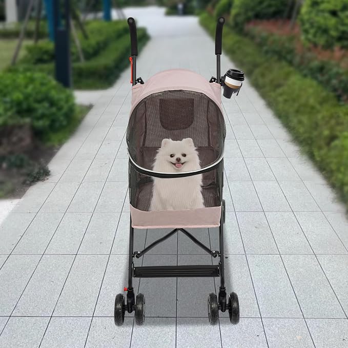 2 Wheels Pet Stroller, Foldable Pet Strolling Cart with Storage Basket and Cup Holder, Puppy Kitty Stroller with Weather Cover, Travel Gear for Medium Small Dogs and Cats Under 22lbs (Pink)