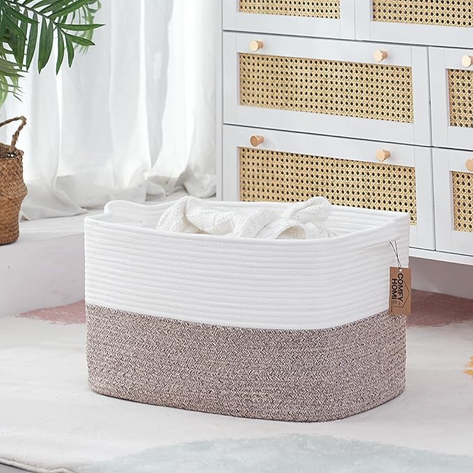 COMFY-HOMI Large Rectangular Blanket, Cotton Rope Woven for Storage, LaundryHamper, Storage,Toy Organizing Bin with Handle, Organizer and Storage-22x15x12-
