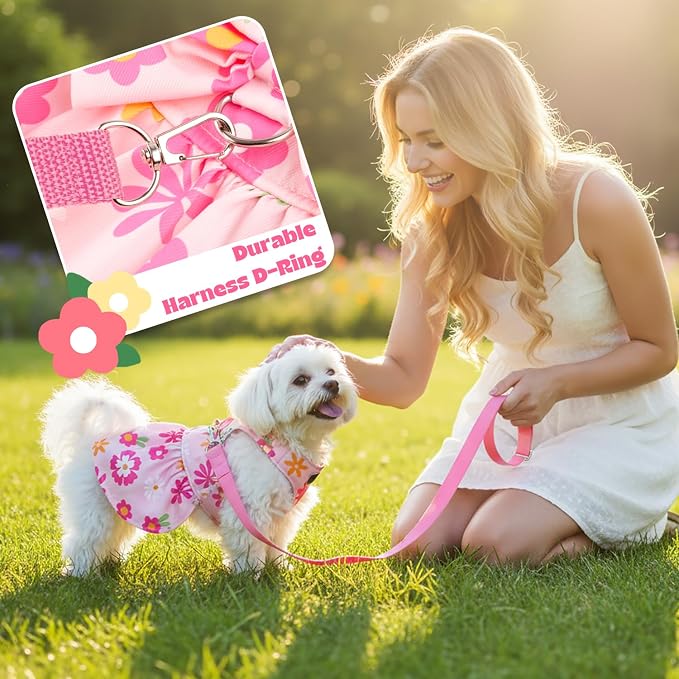 Dog Dress Harness Dresses Leash Set for Small Dogs Cute Girl Dog Clothes with Bowknot Puppy Outfits for Shih Tzu Yorkies Chihuahua (Medium, Floral)