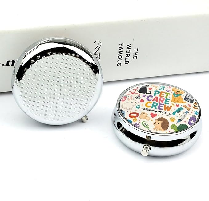 Cute Pet Care Essentials Poster Round Pill Box with 3 Compartments, Portable Travel Pill Organizer with Spring Snap Closure for Vitamins Supplements Fish Oil