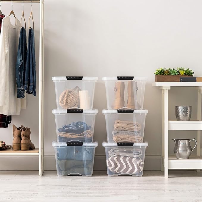 IRIS USA 4-Pack 32 Quart Storage Bins with Lids, Clear | Visible storage saves time, Great for linens, décor, closet storage, and supplies, Nestable design saves space