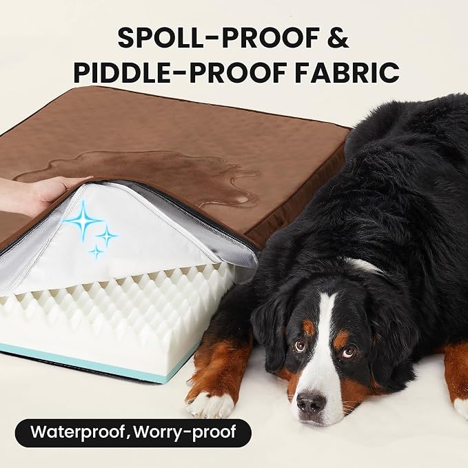 OhGeni Orthopedic Waterproof Large Dog Bed, Memory Foam, 47 inch(Brown) | Machine-Washable Removable Cover in Easy-Clean Fabric, Reversible Memory Foam & Easy-Carry Handle, Suitable for Crate
