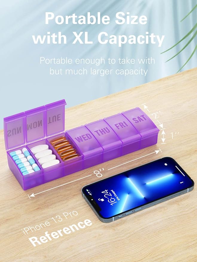 Large Pill Organizer Weekly, Barhon Vitamin Case Box Large Capacity Compartments, 7 Day Pill Containers for Medicine Supplements Fish Oil