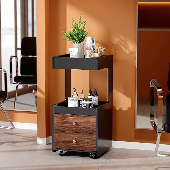 OmySalon Salon Trolley Cart, Esthetician Cart with Wheels, Hair Styling Station with 2 Drawers, 1 Open Shelf, Mobile Storage Cabinet Utility Trolley for Beauty Salon Spa, Black Walnut