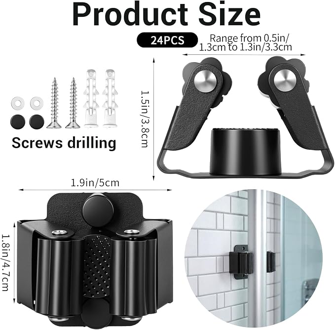 24 PCS Heavy Duty Broom Holder Wall Mount, Stainless Steel Broom Hanger Wall Mount with Screws - Black Mop & Garden Tool Organizer Rack for Garage, Kitchen, Laundry Room Storage