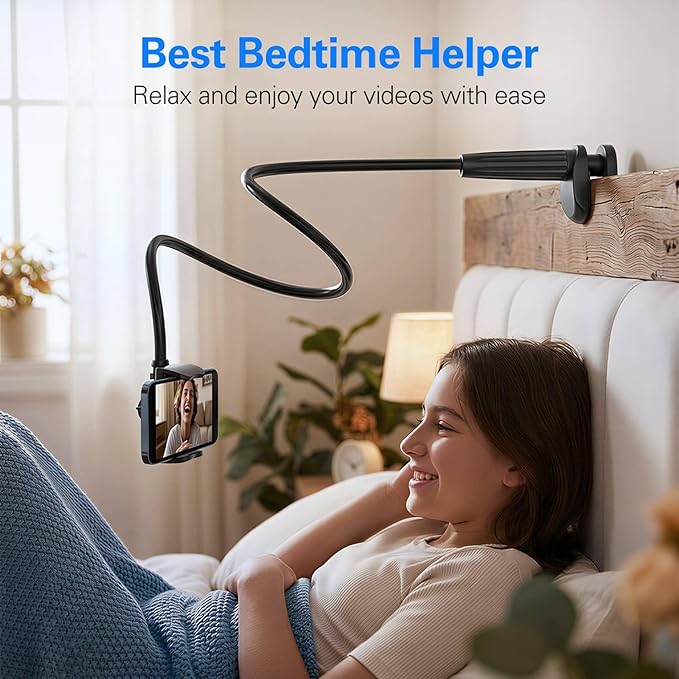 Gooseneck Phone Holder for Bed, Flexible Overhead Cell Phone Mount for Desk, Hands-Free Viewing Clamp Stand Compatible with iPhone 17 16 15 Pro Max and 3.5-7" Devices