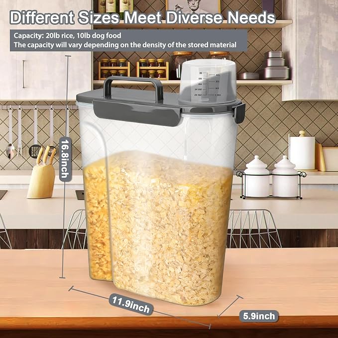 Rice Storage Containers, 20 LB Rice dispenser with Pouring Spout Large Bin for Flour, Pasta, Grain and Baking, Pet Dog Cat Bird Food Container Grey