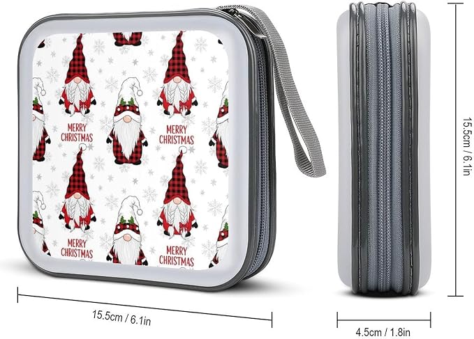 40-Disc CD/DVD Organizer Wallet Silver Snow Gnome On Rustic Grey Wood Plank Winter Christmas, Heavy-Duty Hard Plastic Binder, Portable Storage Case with Carry Strap for Car