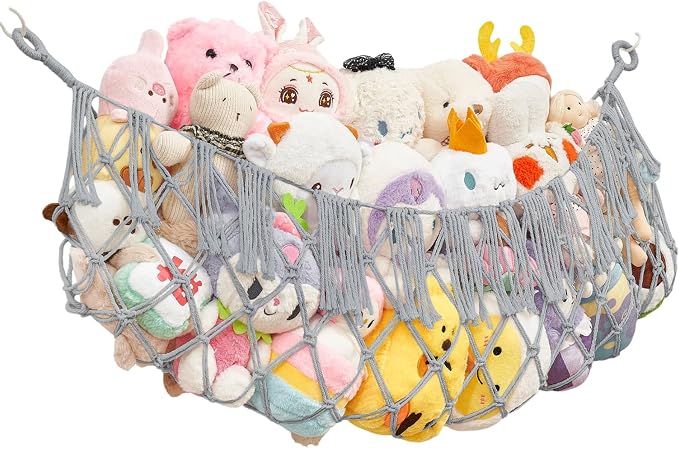 Stuffed Animal Net Hammock, Save Space Eliminate Clutter (Light Grey) | Premium Cotton Hand-knitted plush hammock, Boho Stuffed Animal Storage for Nursery, Bedroom Decor, playrooms