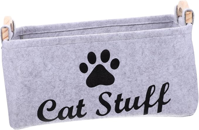 Wakauto Pet Organizer Bin with Handles Felt Storage Basket for Dog and Cat Accessories Portable Square Chest Container for Tidy Storage and Home Gray