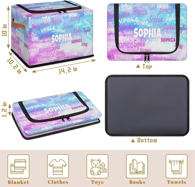 Custom Storage Baskets for Kids with Name, Large Foldable Organizer Collapsible Storage Bin with Zipper Lid Leather Handle for Home Toys Closet Nursery, Blue with Pink Watercolor