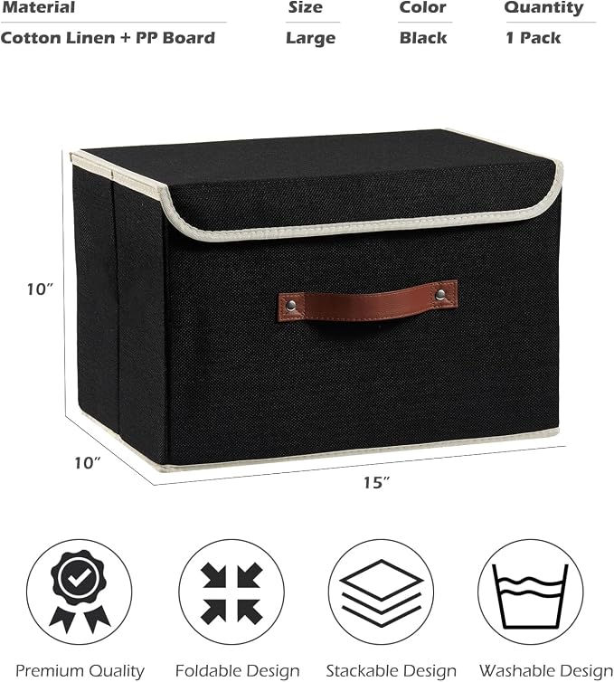 Storage Boxes with Lids Cotton Linen Fabric Bins Baskets | Decorative Collapsible Washable, Clothes Container Organizer for Closet Shelf, w/ Faux Leather Handles, Black, Large