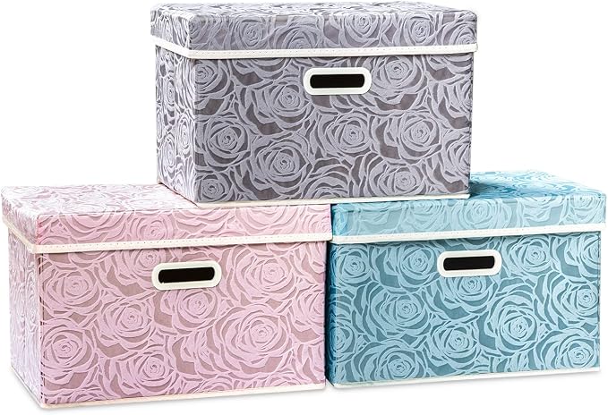 Collapsible Storage Cubes with Lids Fabric Decorative Storage Bins Boxes Organizer Containers Baskets with Cover Handles for Bedroom Closet Living Room 14.9x9.8x9.8 Inch 3 Pack