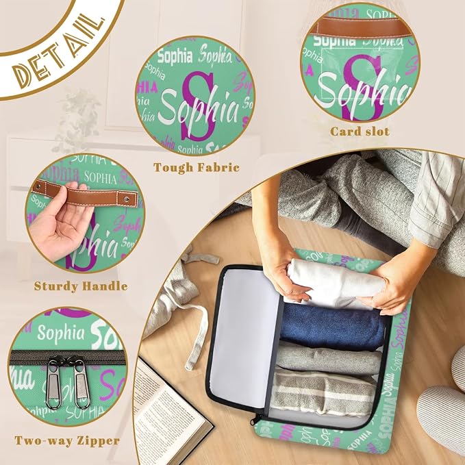 Personalized Storage Basket with Name, Mint Green Background Rectangle Toys Storage Bin with Handles Zipper Lid for Baby, Boys, Girls, Collapsible Basket for Clothes, Books